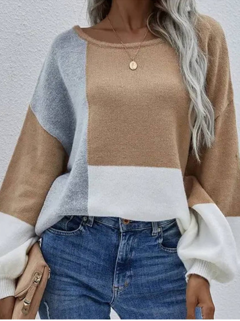 Miracle Colorblock Crewneck Sweater Tie Neck Tan Gray & White Small / Medium